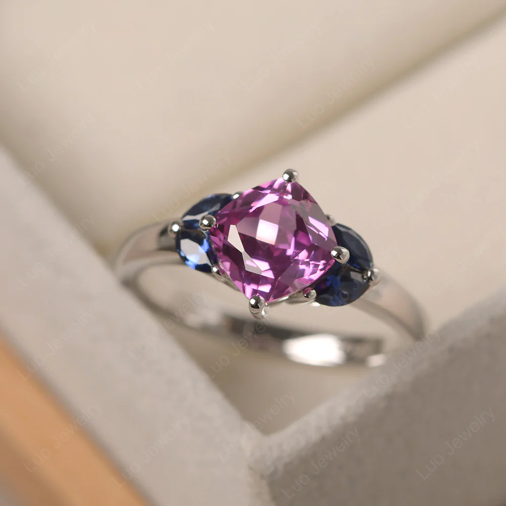 Pink Sapphire Kite Set Cushion Engagement Ring