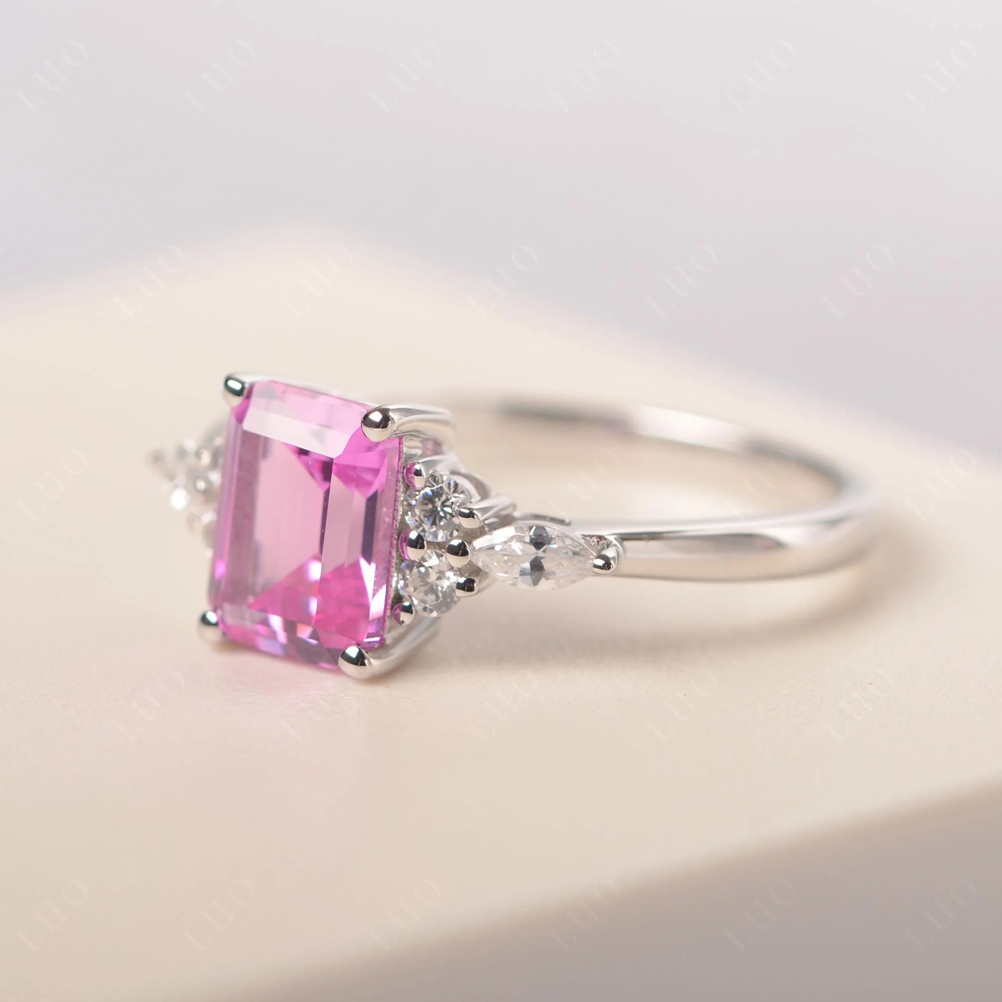 Simple Emerald Cut Pink Sapphire Ring - Image 30