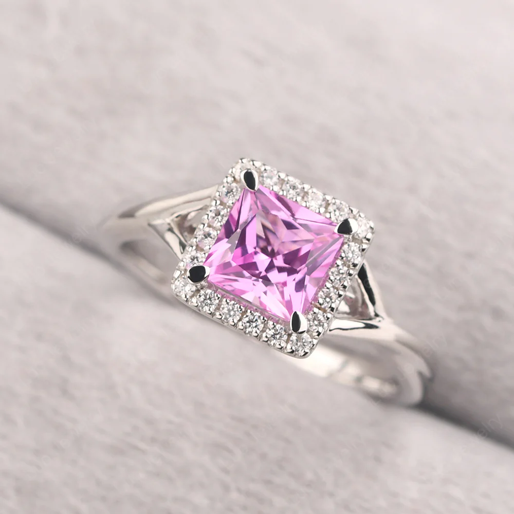 Pink Sapphire Split Shank Halo Engagement Ring - Image 2