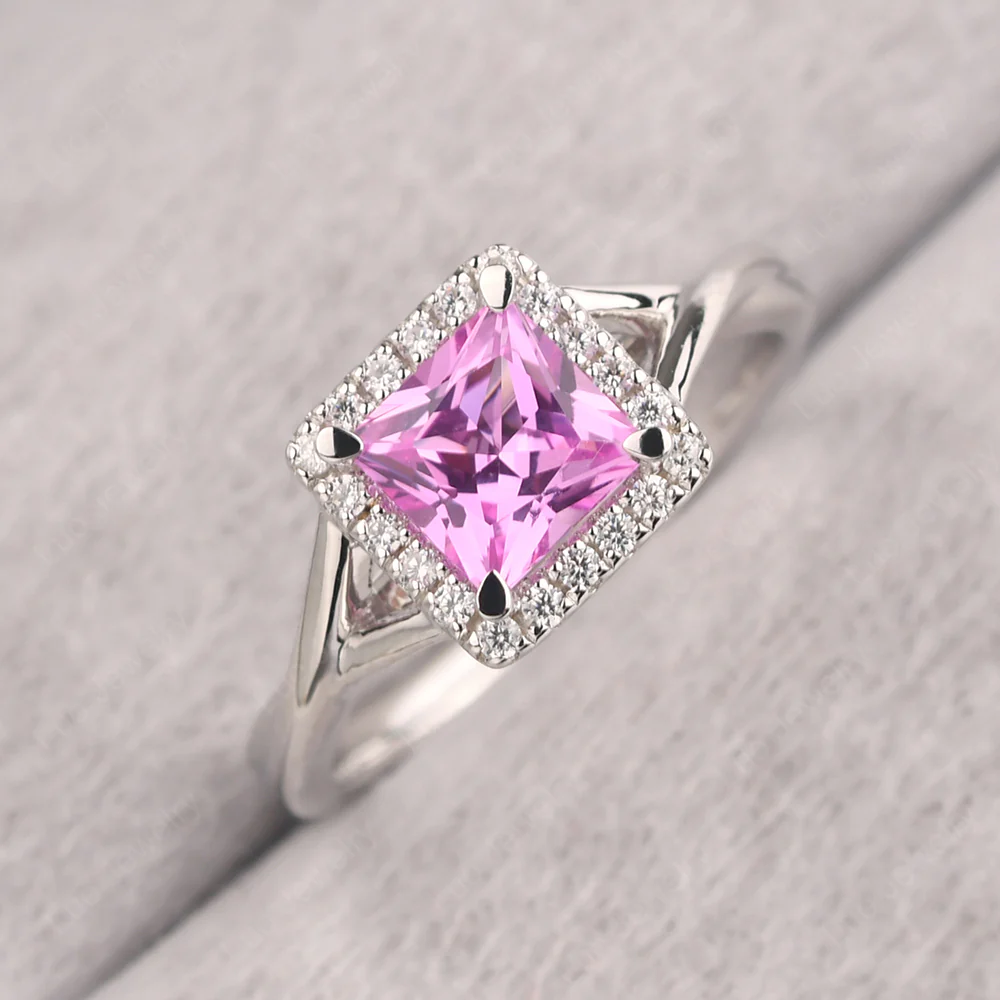 Pink Sapphire Split Shank Halo Engagement Ring - Image 3