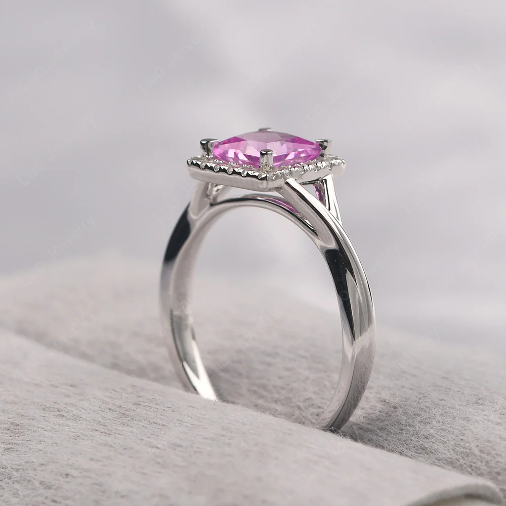 Pink Sapphire Split Shank Halo Engagement Ring - Image 5