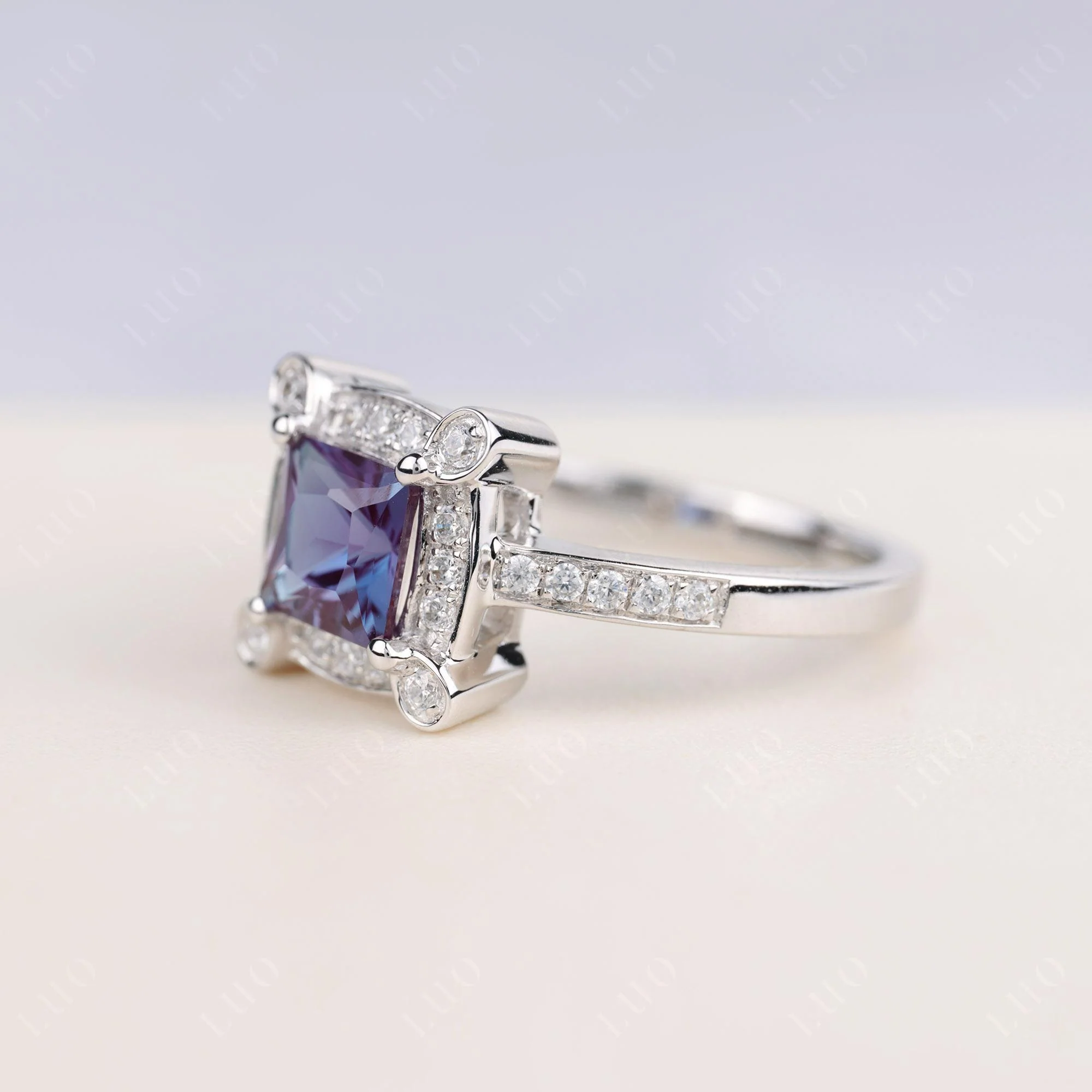 Princess Cut Alexandrite Halo Statement Ring - Image 2