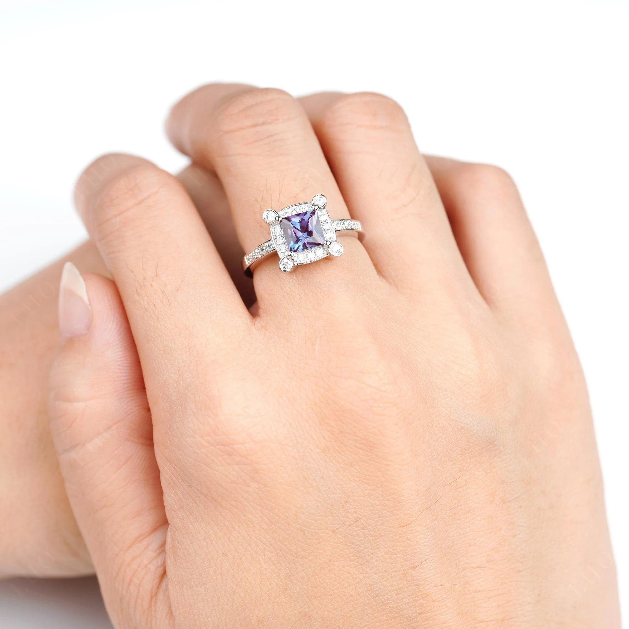 Princess Cut Alexandrite Halo Statement Ring - Image 5