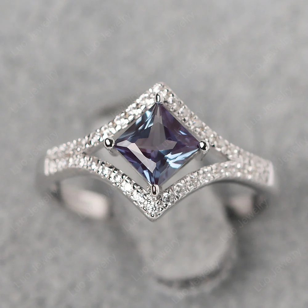 Princess Cut Alexandrite Kite Set Halo Ring