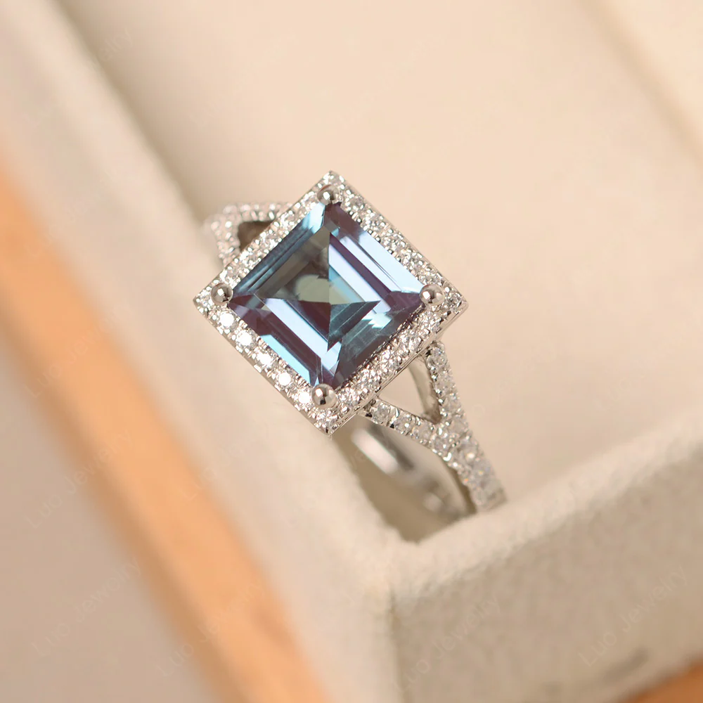 Square Cut Alexandrite Split Shank Halo Ring - Image 2