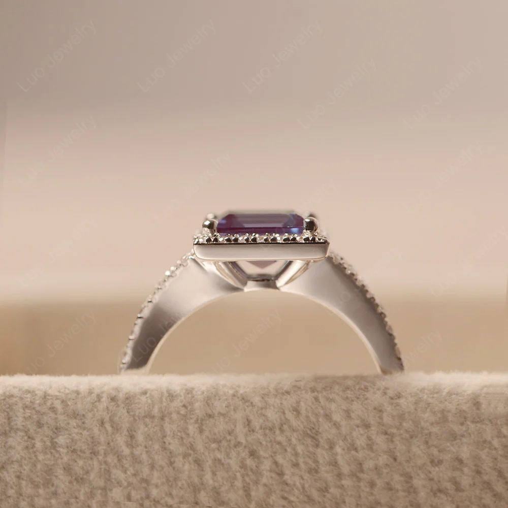 Square Cut Alexandrite Split Shank Halo Ring - Image 5