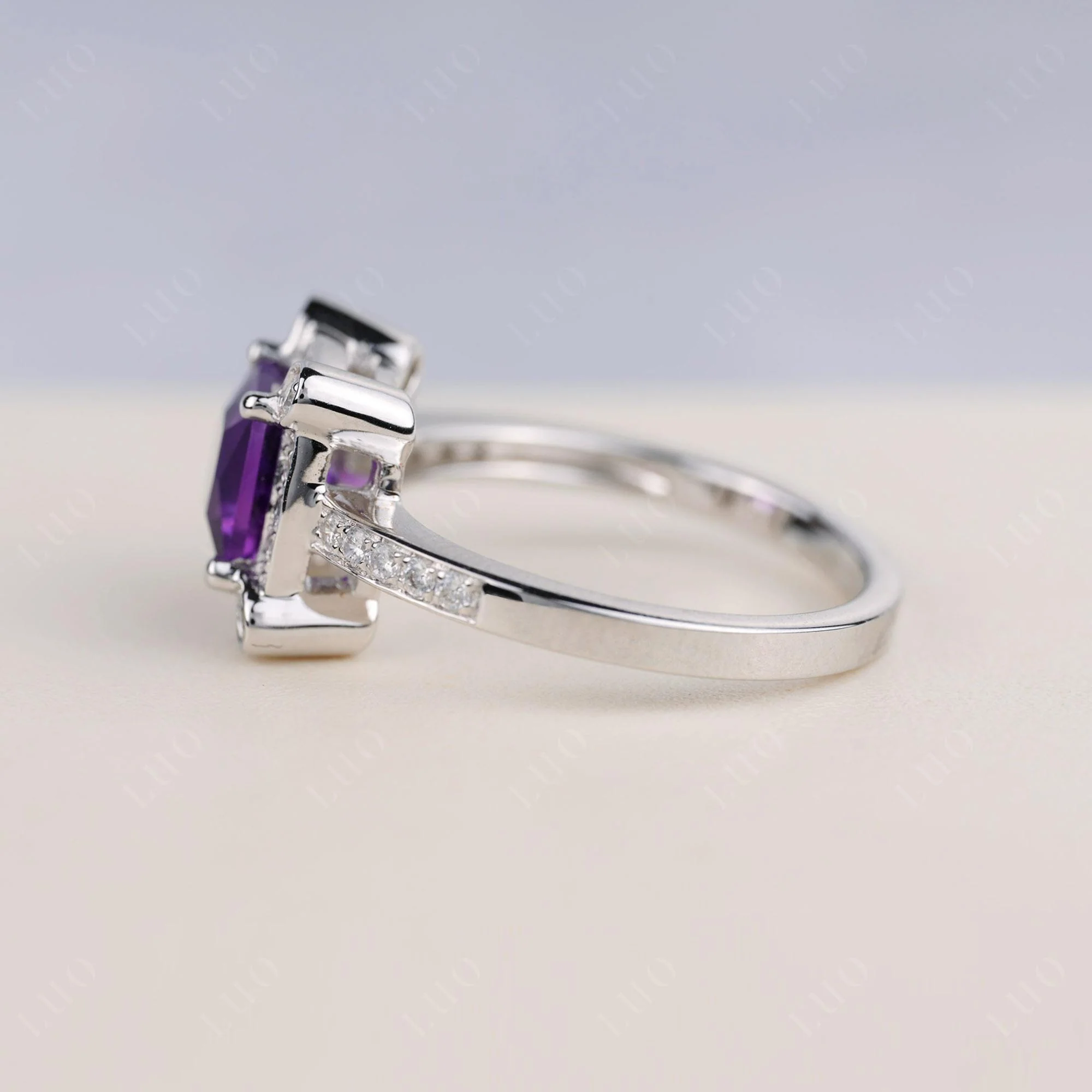 Princess Cut Amethyst Halo Statement Ring - Image 3