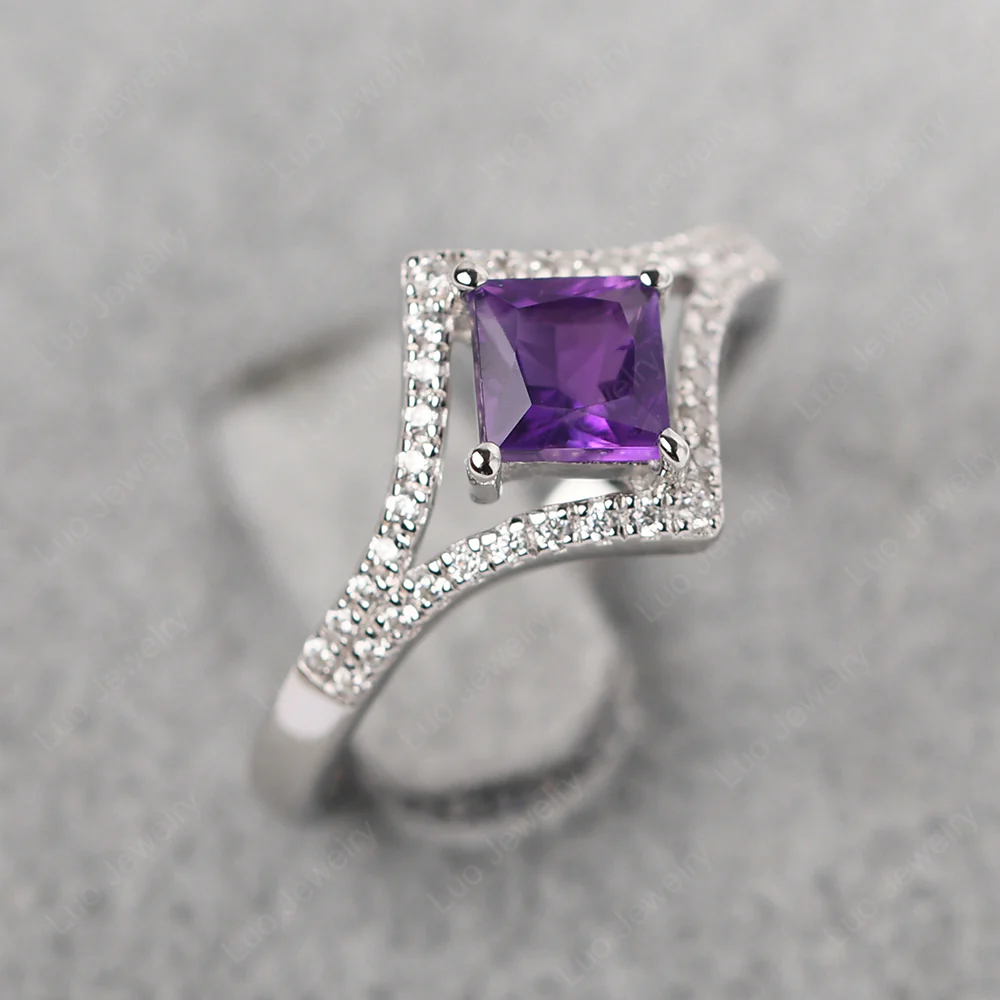 Princess Cut Amethyst Kite Set Halo Ring - Image 2