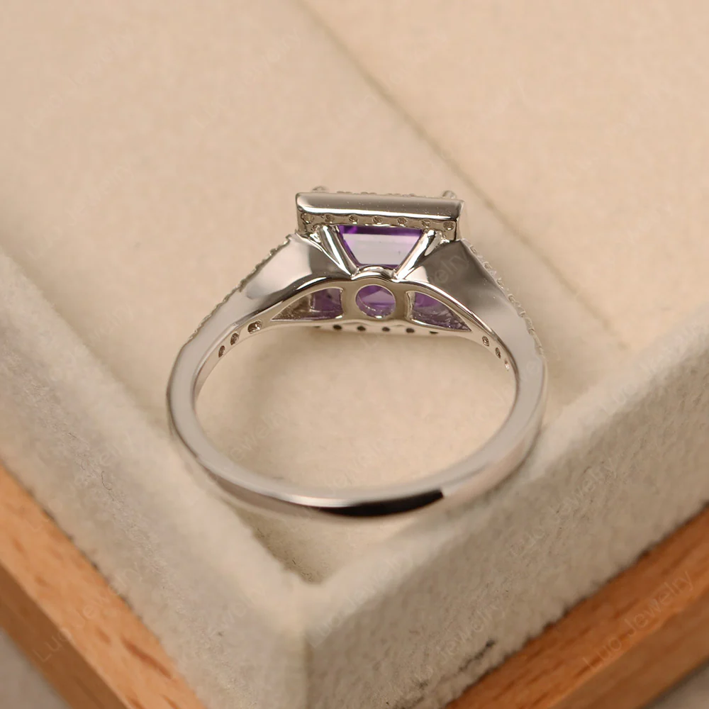 Square Cut Amethyst Split Shank Halo Ring - Image 3