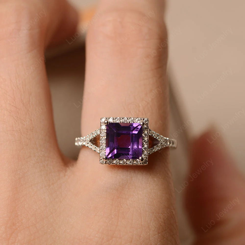 Square Cut Amethyst Split Shank Halo Ring - Image 5