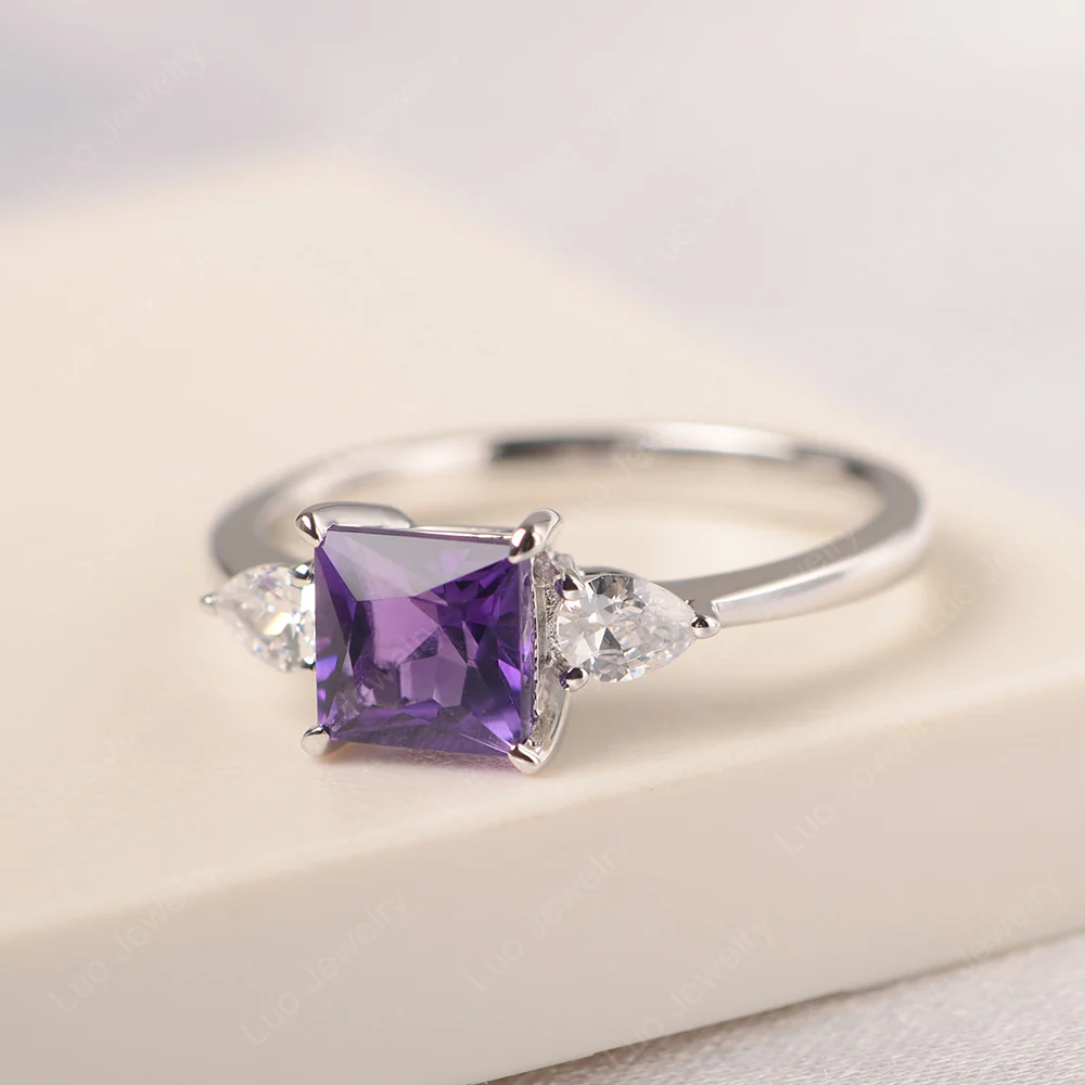 Princess Cut Amethyst Ring with Pear Side Stone - Image 2
