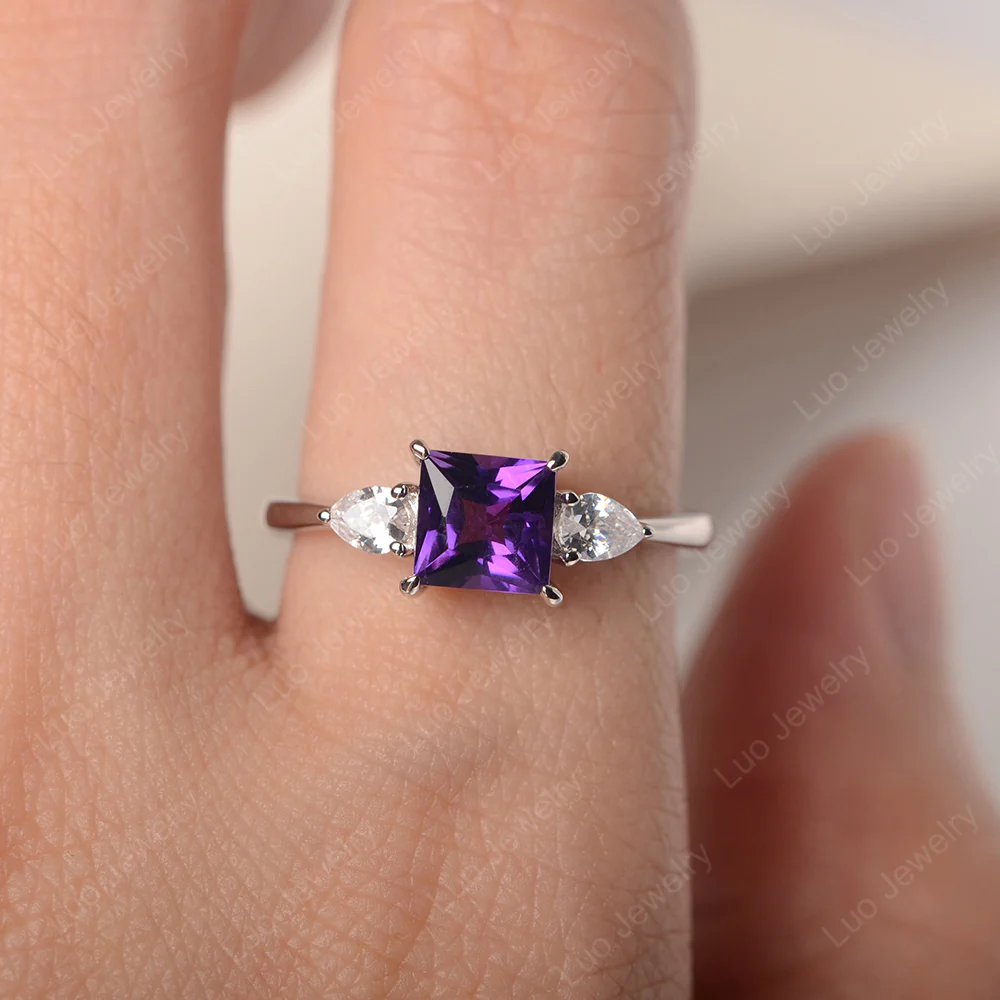 Princess Cut Amethyst Ring with Pear Side Stone - Image 5