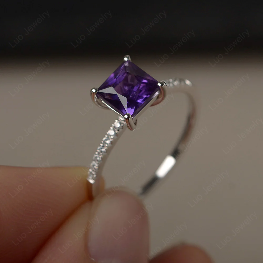 Princess Cut Amethyst Ring with Thin Band
