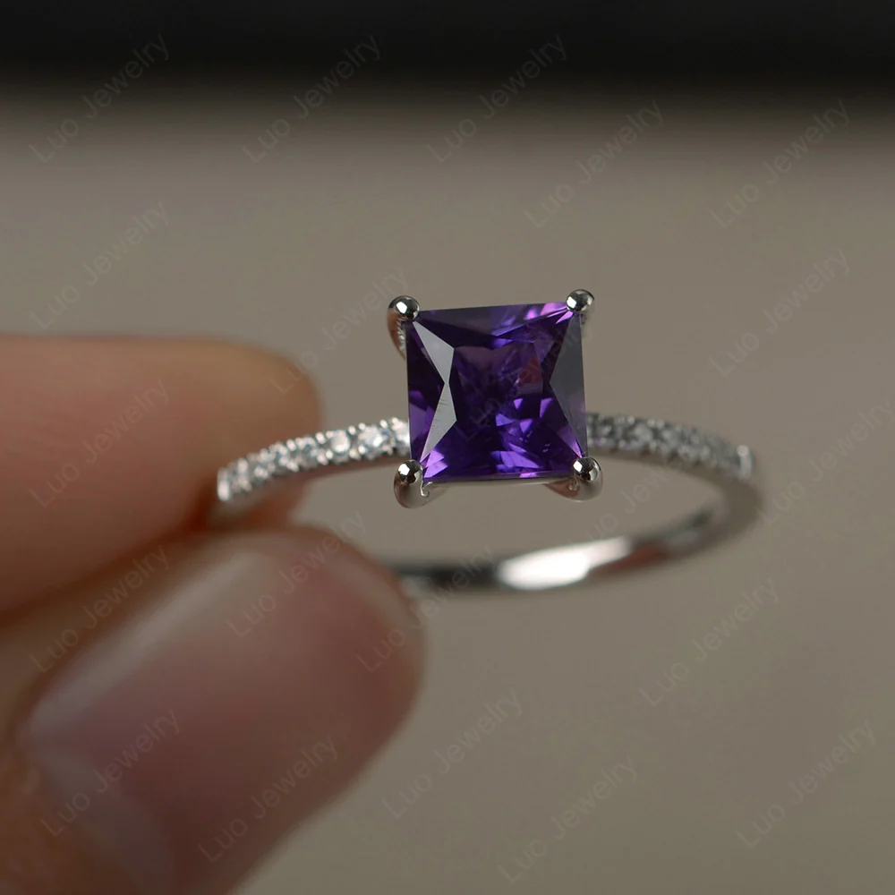 Princess Cut Amethyst Ring with Thin Band - Image 2