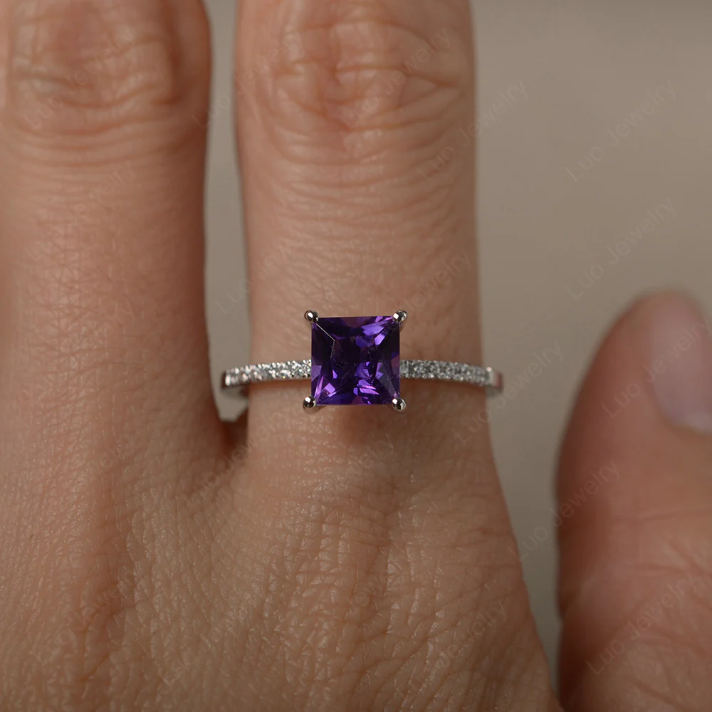 Princess Cut Amethyst Ring with Thin Band - Image 4