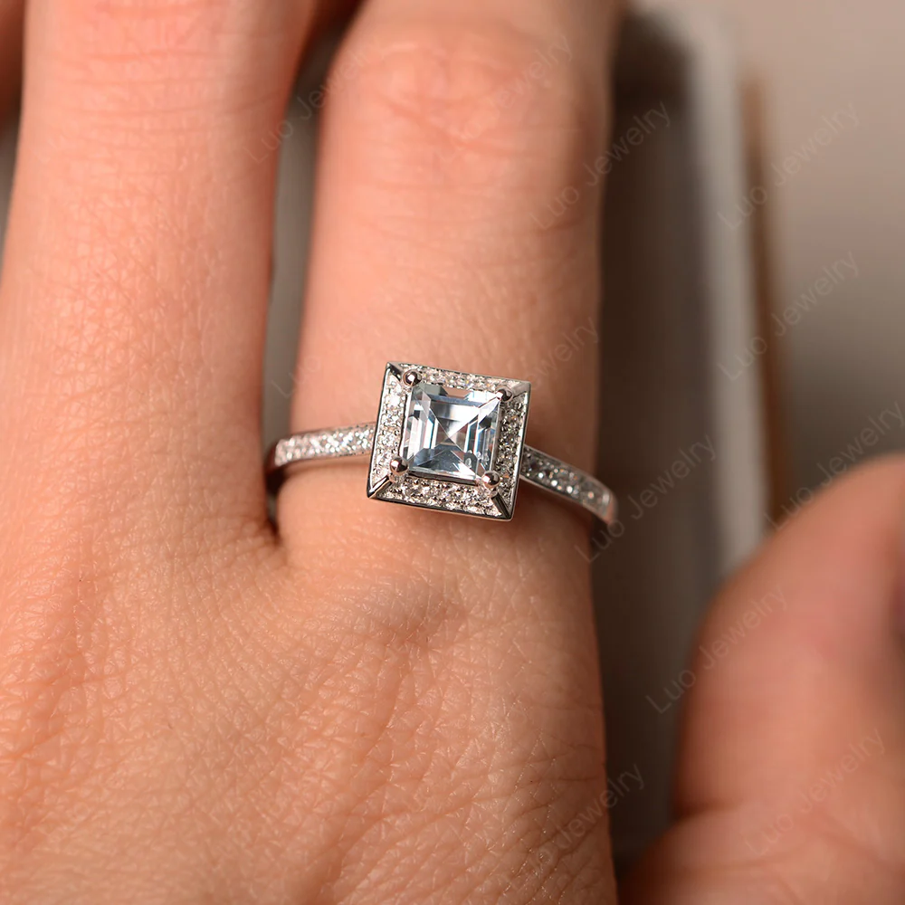 Square Cut Aquamarine Halo Ring - Image 4