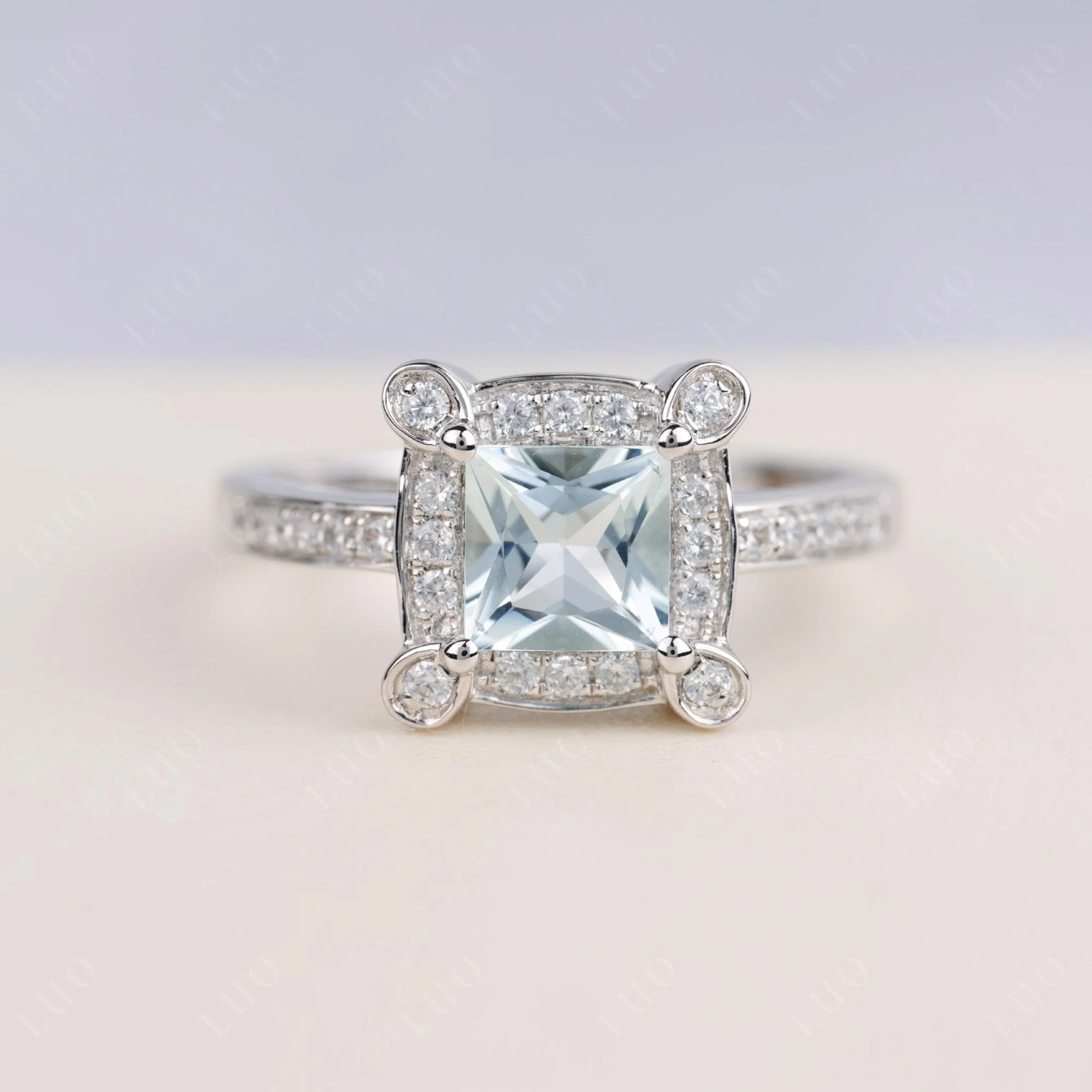 Princess Cut Aquamarine Halo Statement Ring