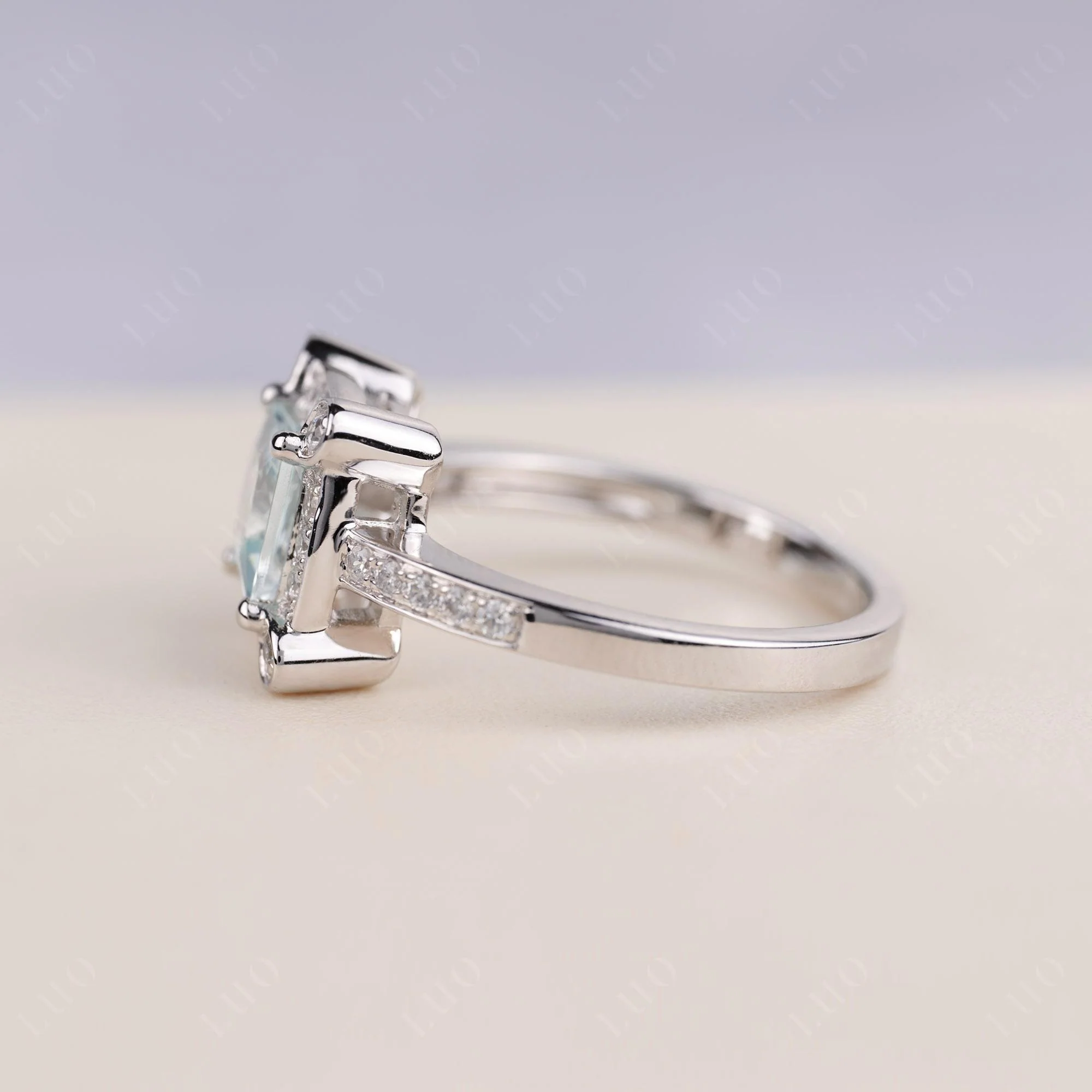 Princess Cut Aquamarine Halo Statement Ring - Image 3