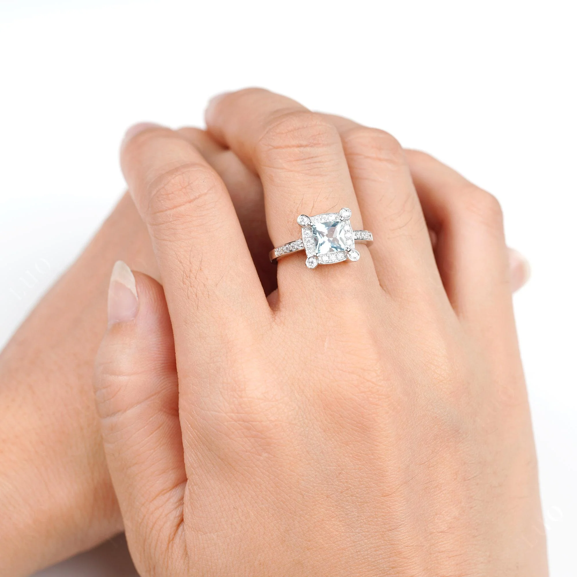 Princess Cut Aquamarine Halo Statement Ring - Image 5