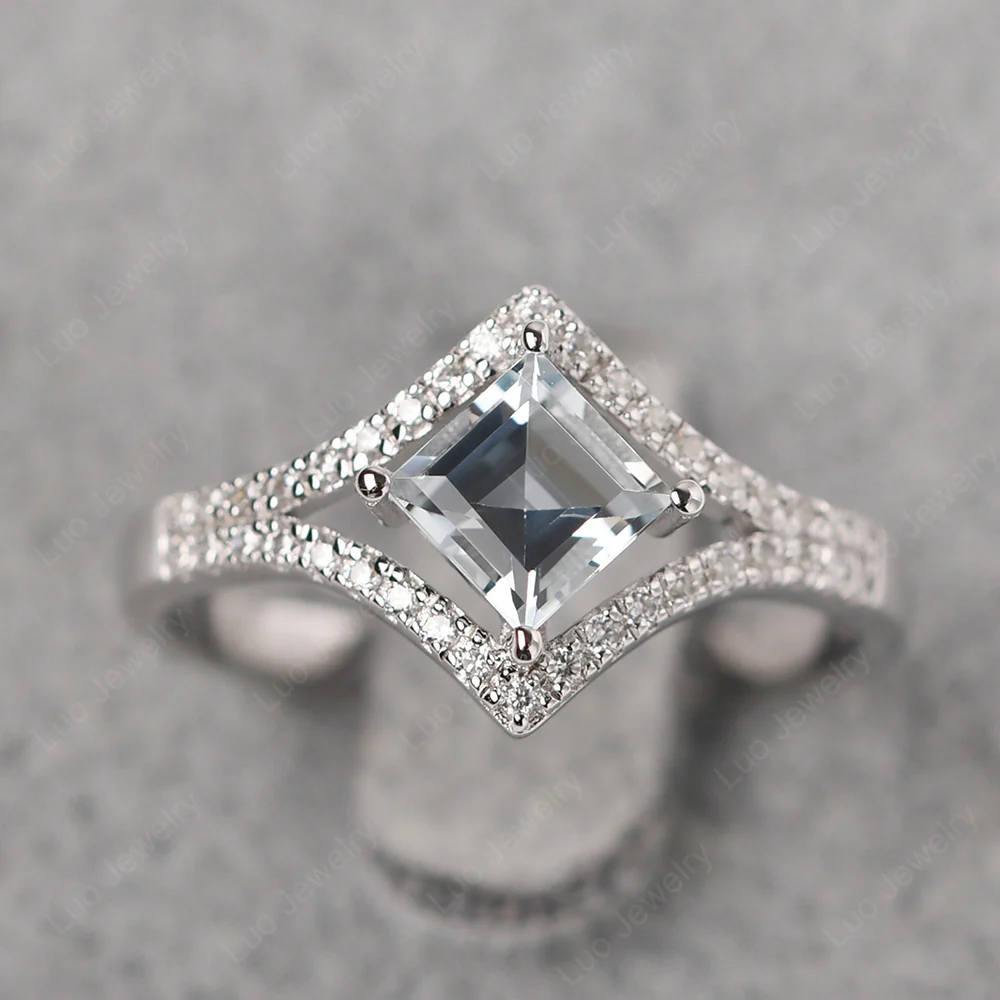 Square Cut Aquamarine Kite Set Halo Ring