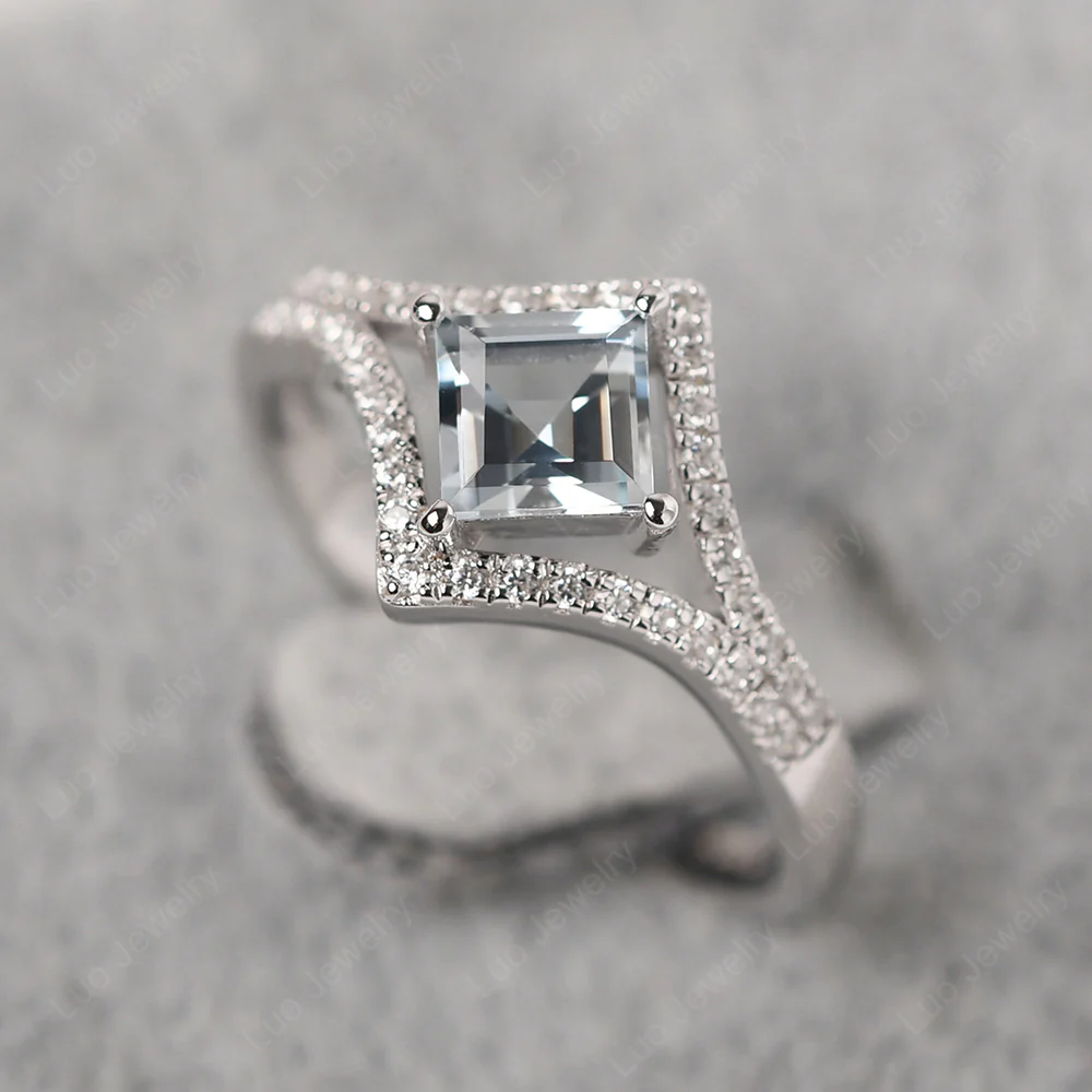 Square Cut Aquamarine Kite Set Halo Ring - Image 2