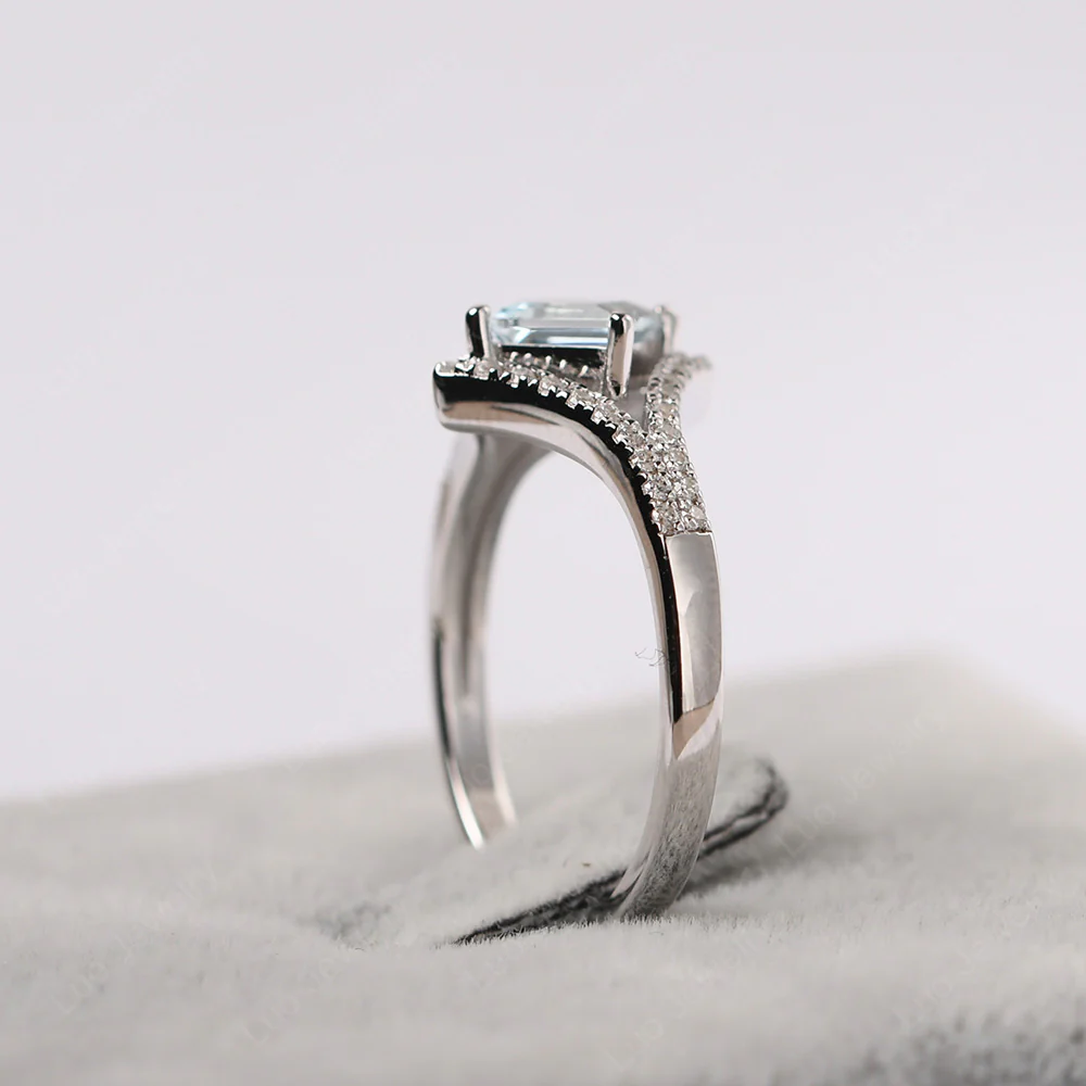 Square Cut Aquamarine Kite Set Halo Ring - Image 4