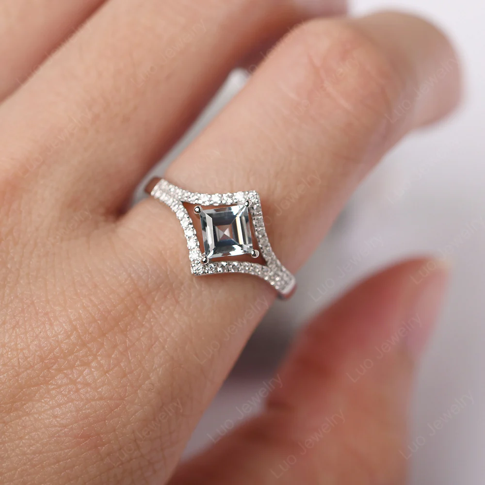 Square Cut Aquamarine Kite Set Halo Ring - Image 5