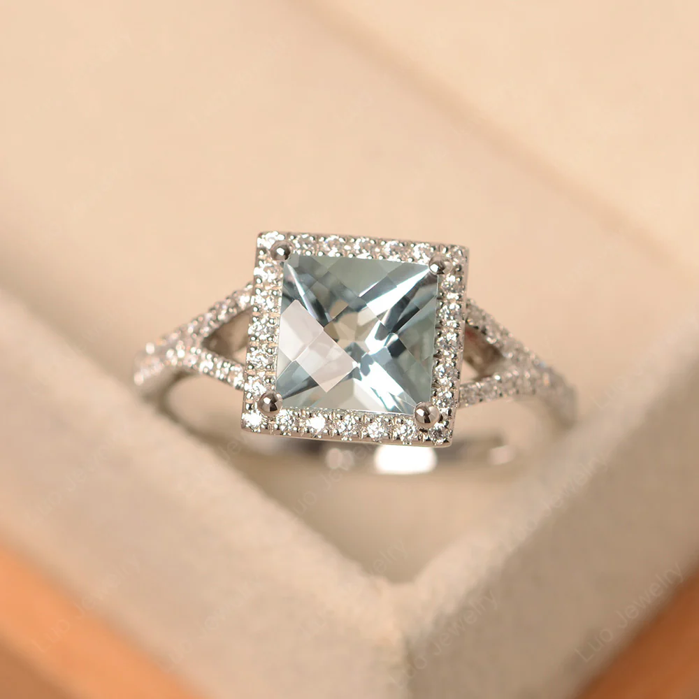 Square Cut Aquamarine Split Shank Halo Ring