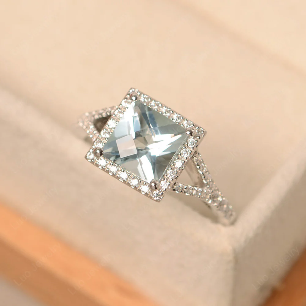 Square Cut Aquamarine Split Shank Halo Ring - Image 2