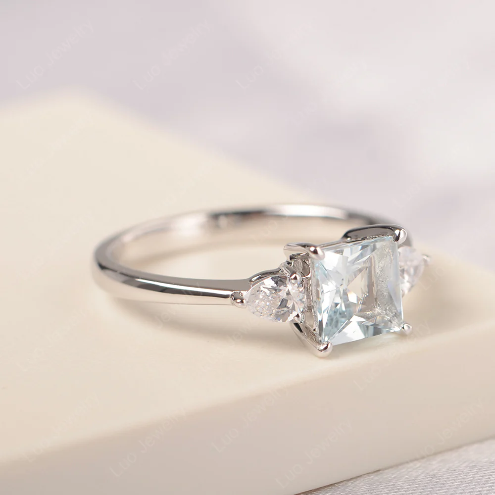 Princess Cut Aquamarine Ring with Pear Side Stone - Image 2