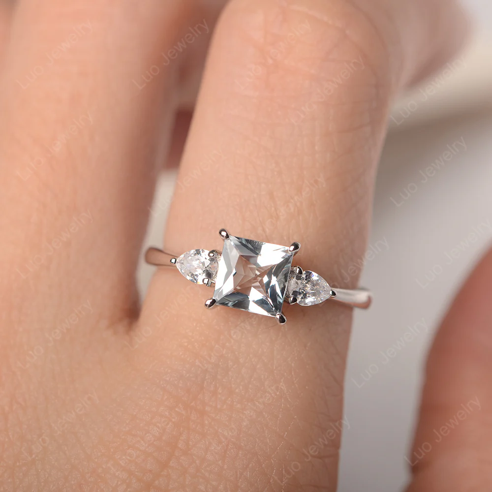 Princess Cut Aquamarine Ring with Pear Side Stone - Image 5
