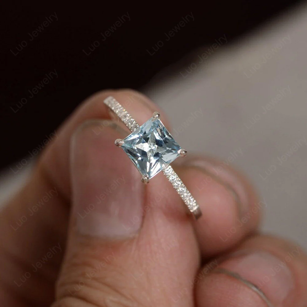 Princess Cut Aquamarine Ring with Thin Band