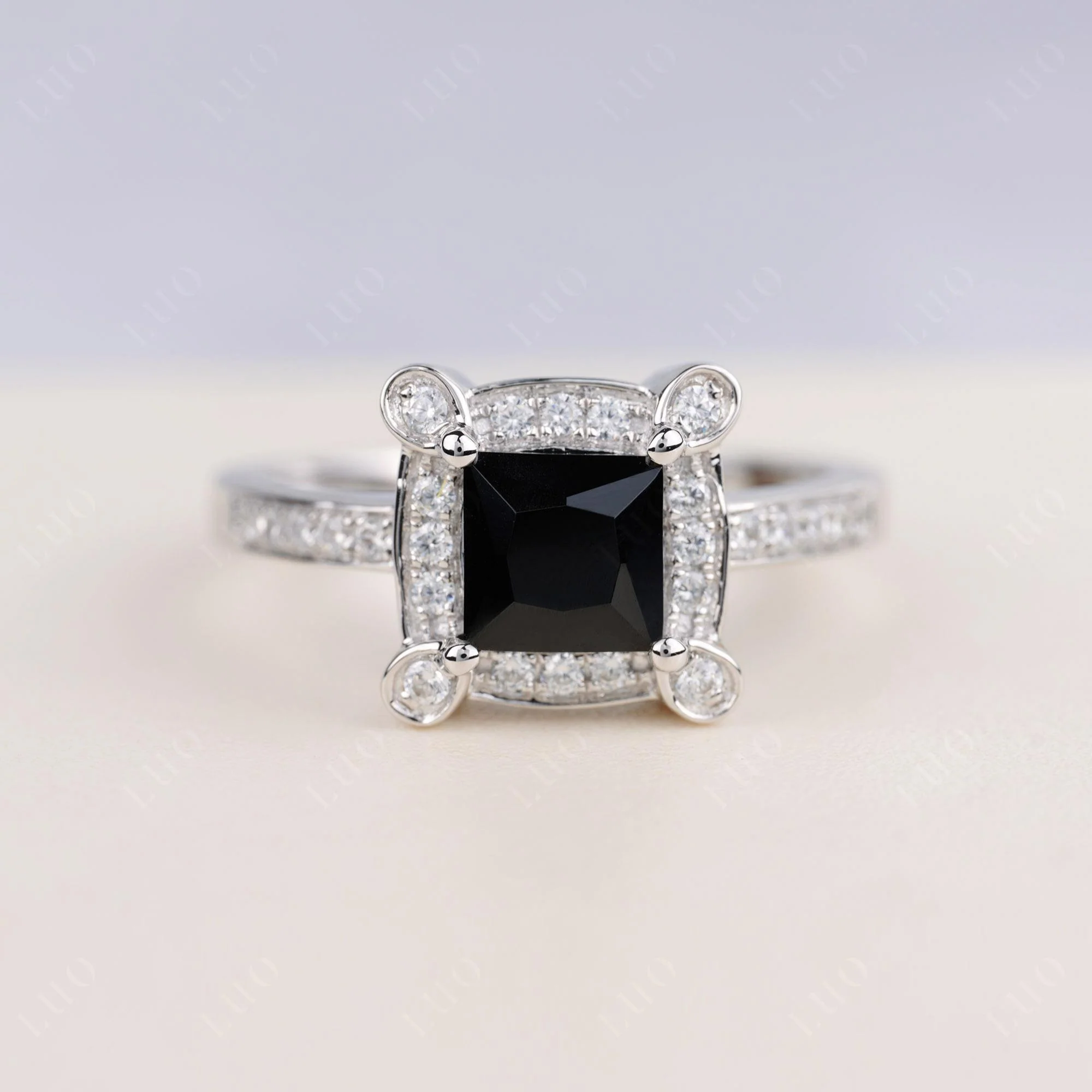 Princess Cut Black Spinel Halo Statement Ring