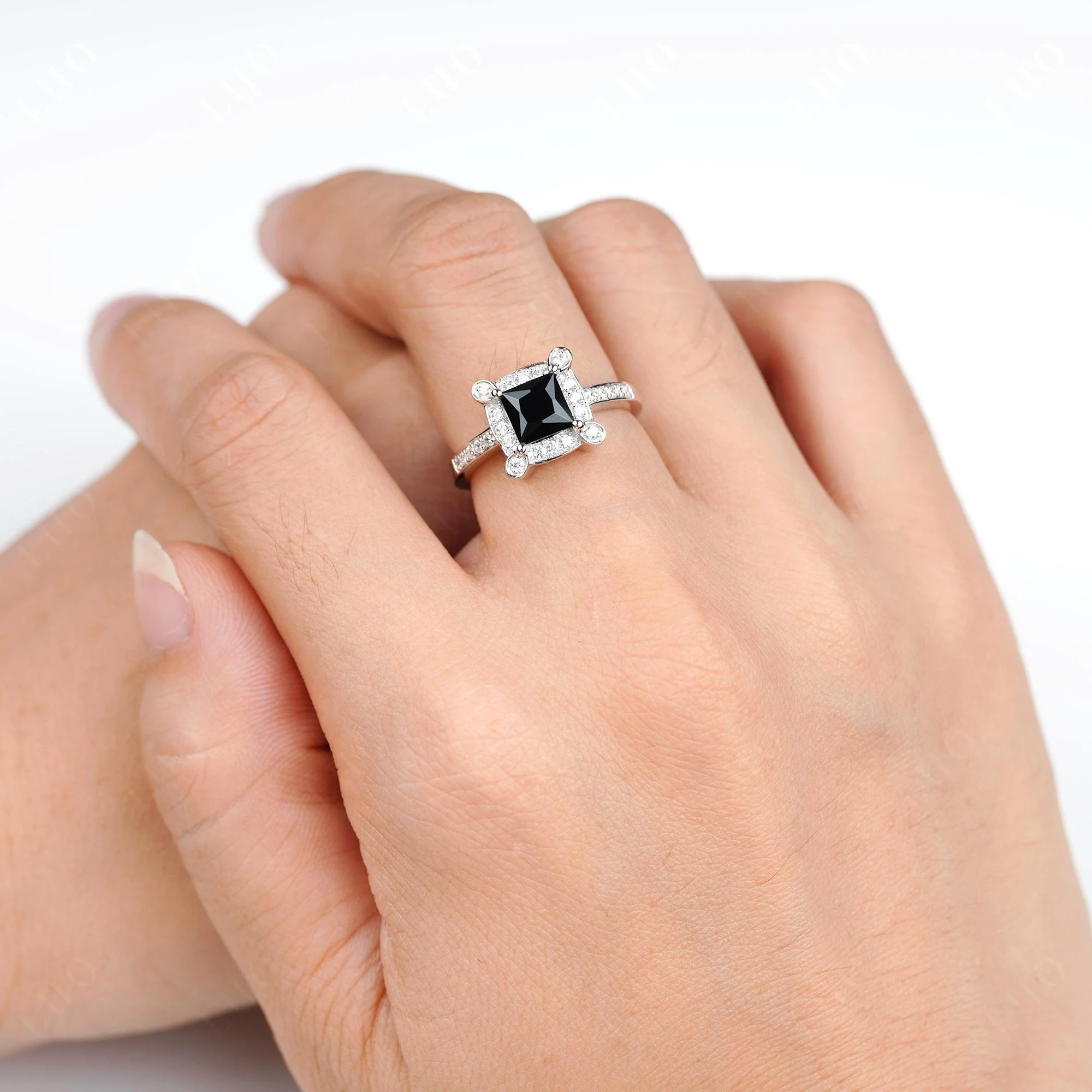 Princess Cut Black Spinel Halo Statement Ring - Image 5