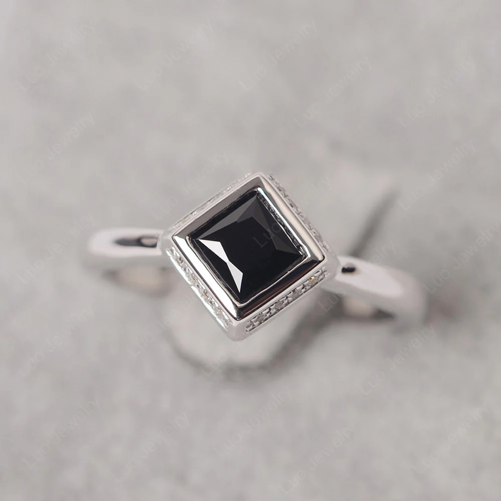 Black Spinel Bezel Halo Engagement Ring
