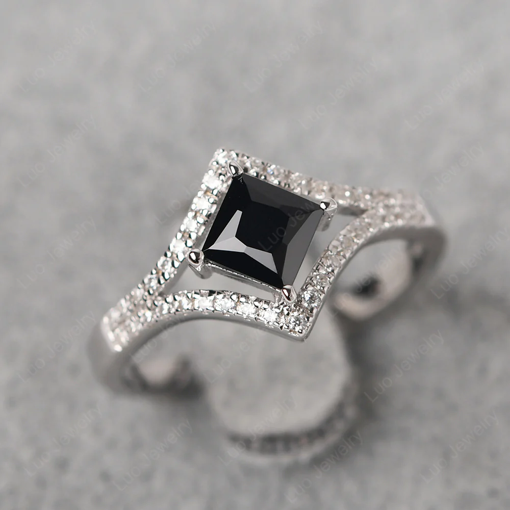 Princess Cut Black Spinel Kite Set Halo Ring