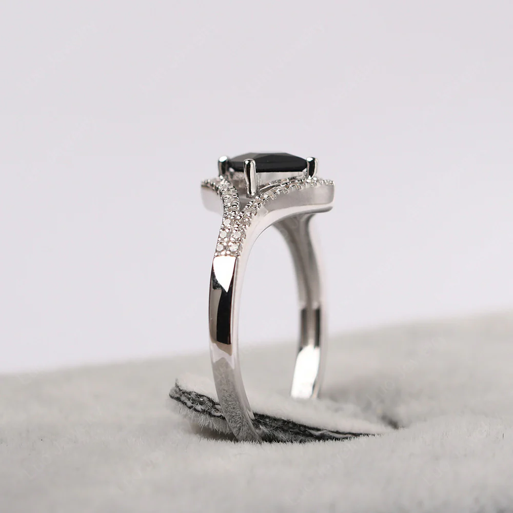 Princess Cut Black Spinel Kite Set Halo Ring - Image 4