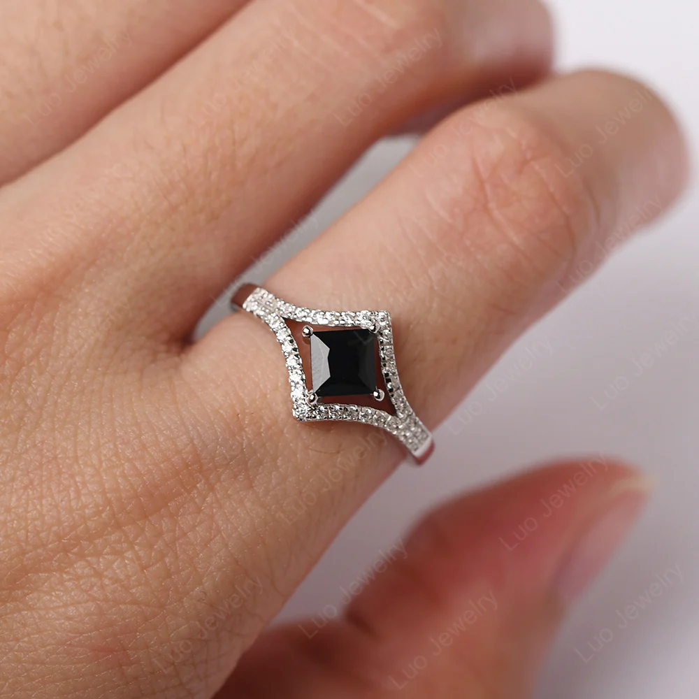 Princess Cut Black Spinel Kite Set Halo Ring - Image 5