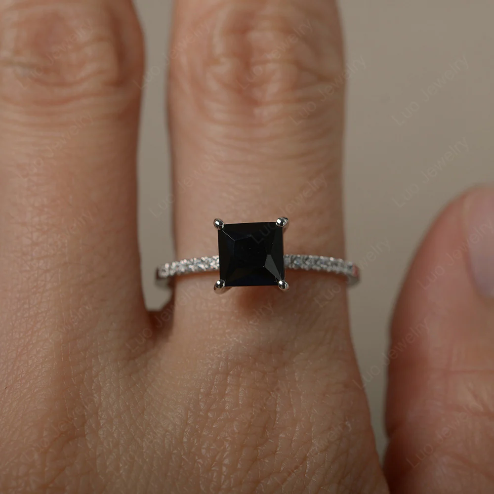 Princess Cut Black Spinel Ring with Thin Band - Image 4