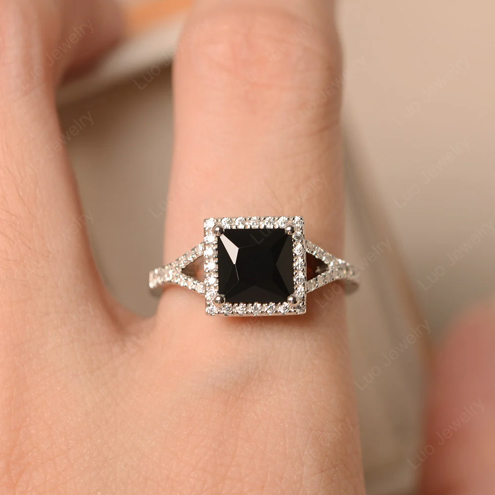 Princess Cut Black Spinel Split Shank Halo Ring - Image 5