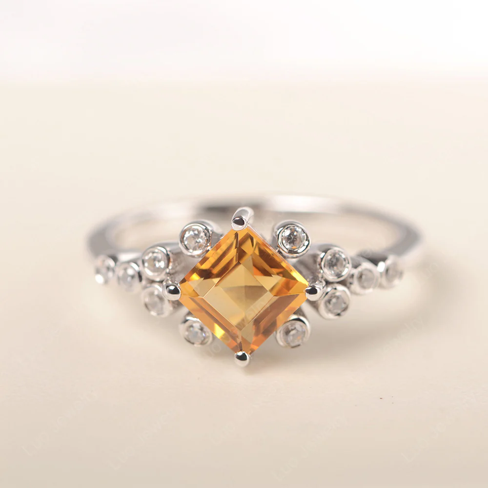 Square Citrine Cluster Engagement Ring