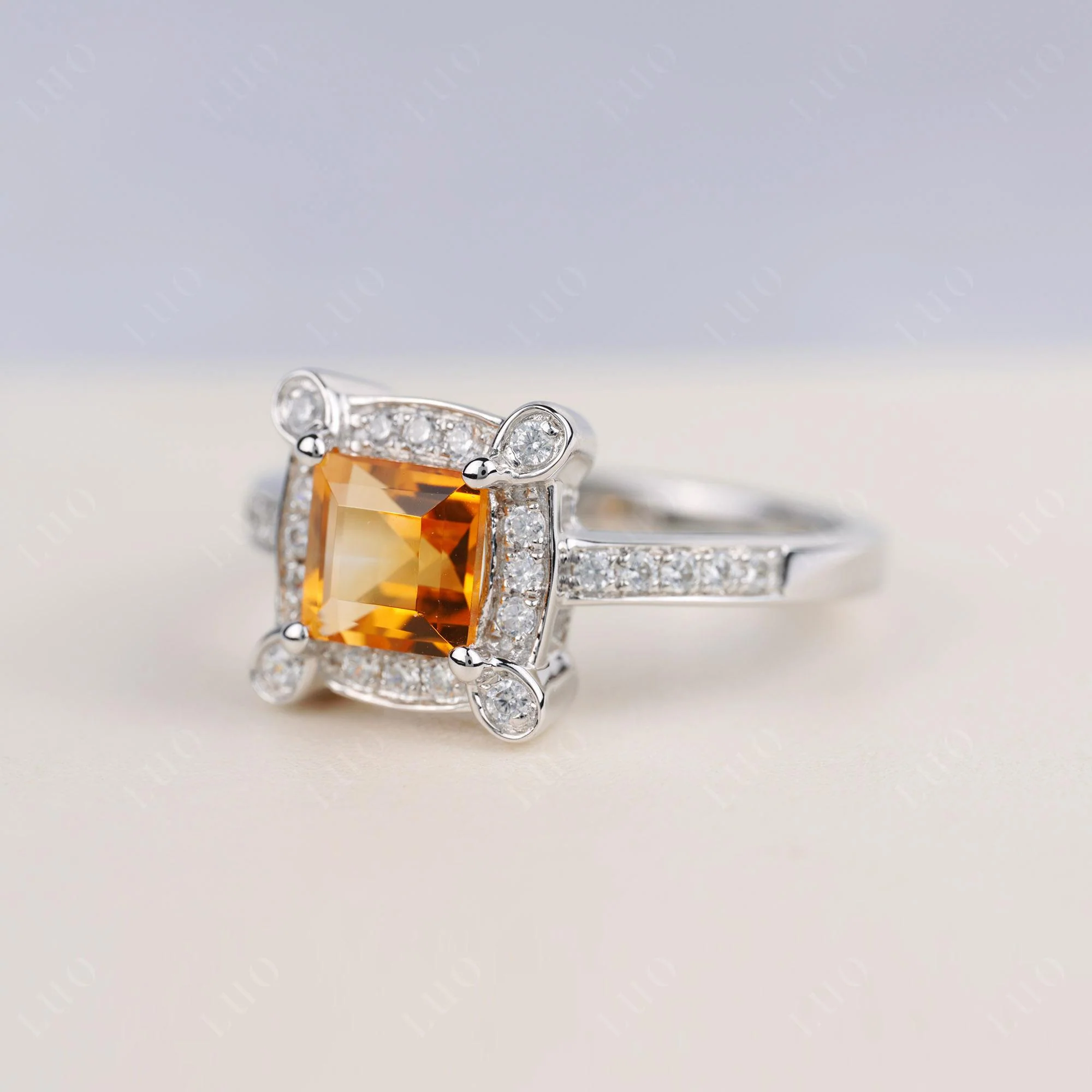 Princess Cut Citrine Halo Statement Ring - Image 2