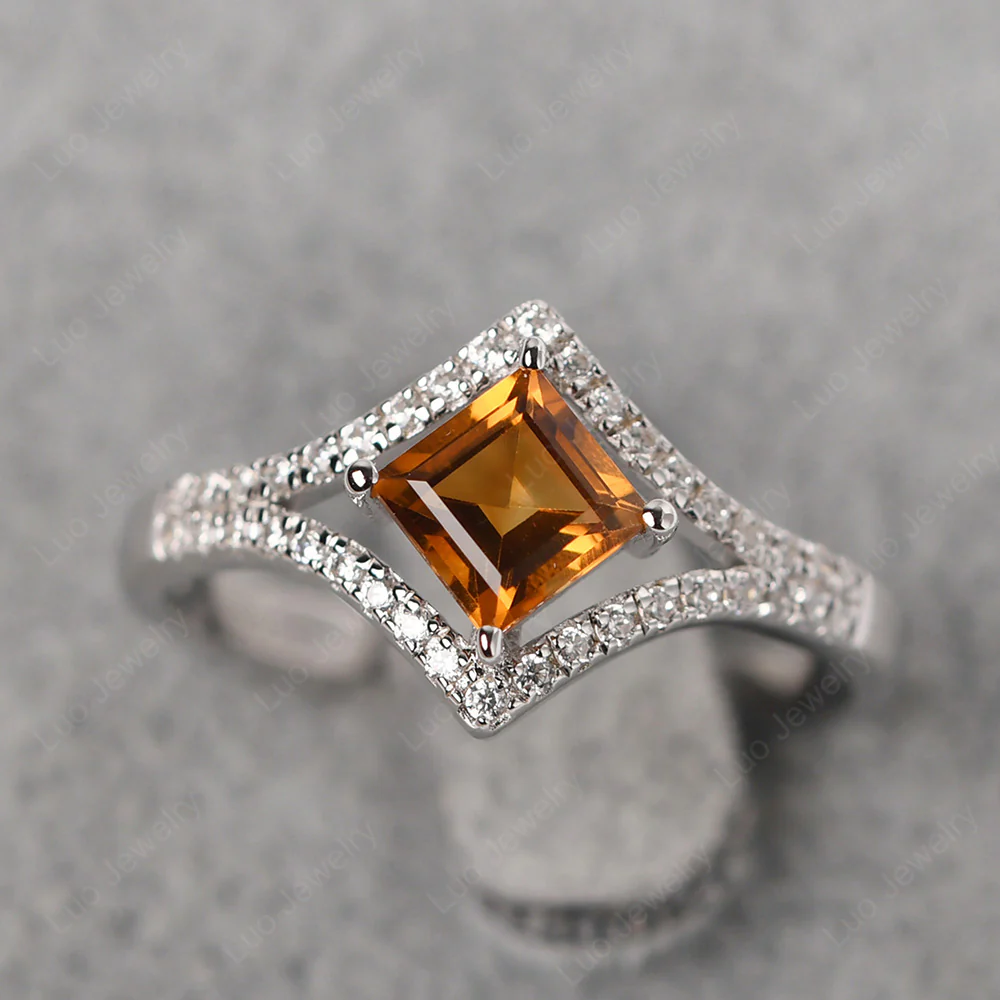 Square Cut Citrine Kite Set Halo Ring