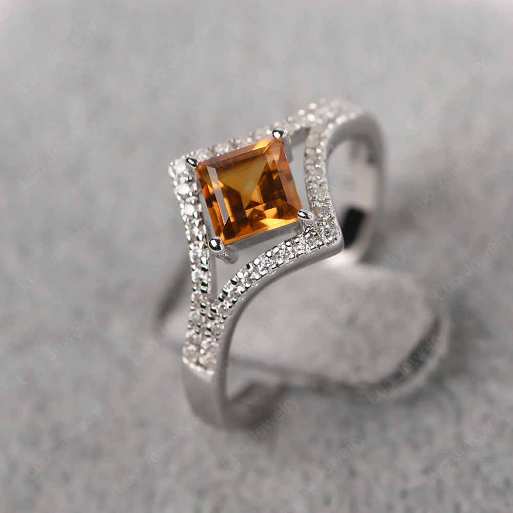 Square Cut Citrine Kite Set Halo Ring - Image 2