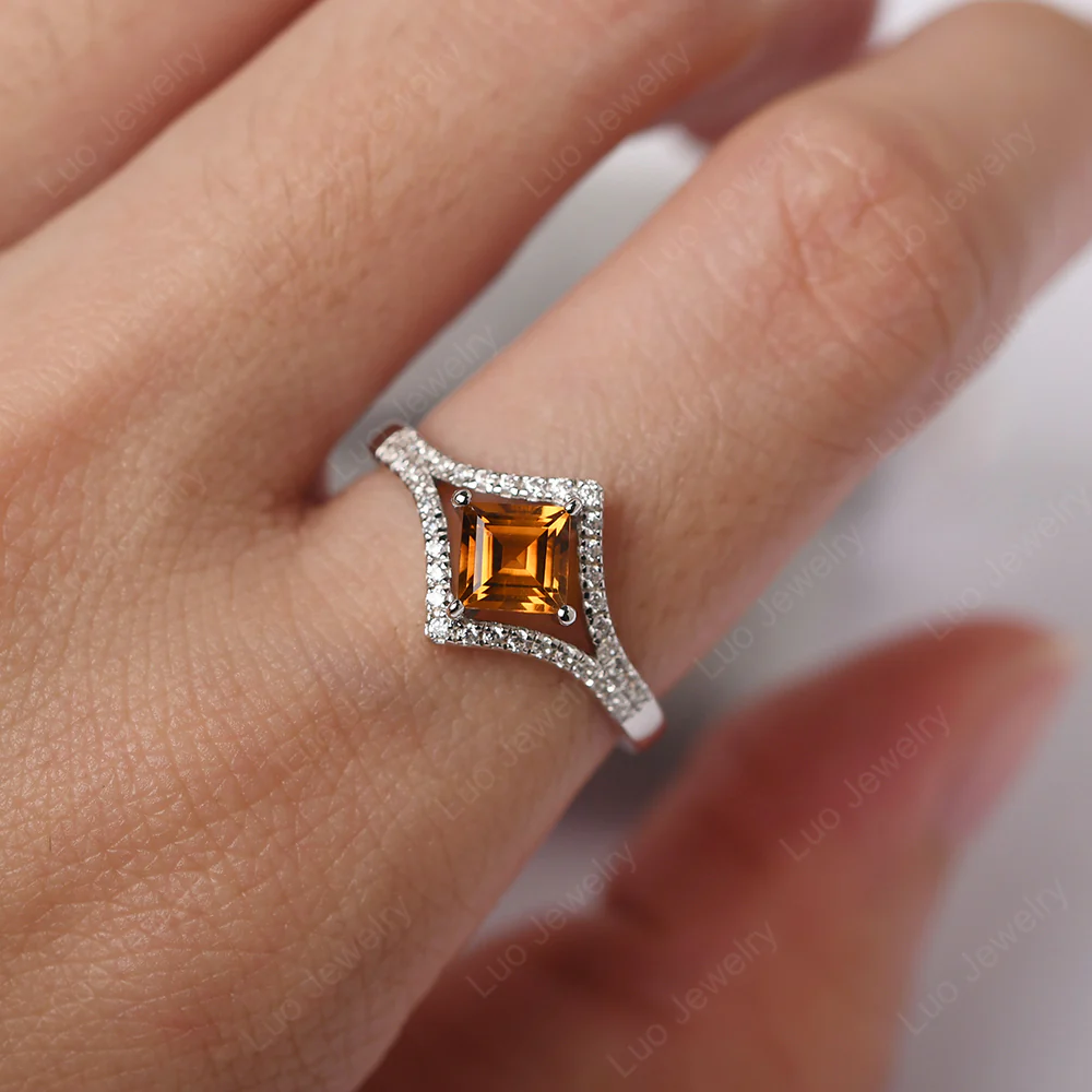 Square Cut Citrine Kite Set Halo Ring - Image 6