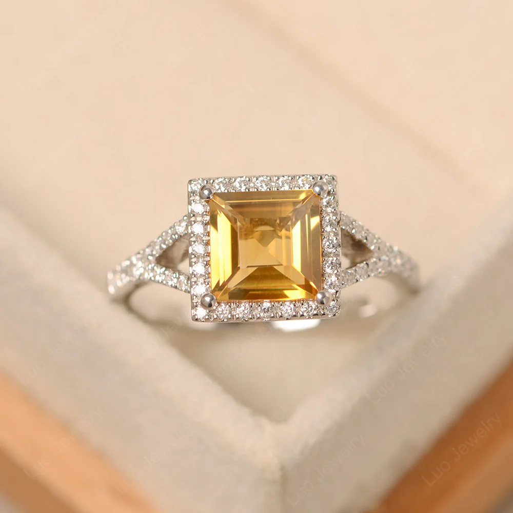 Square Cut Citrine Split Shank Halo Ring
