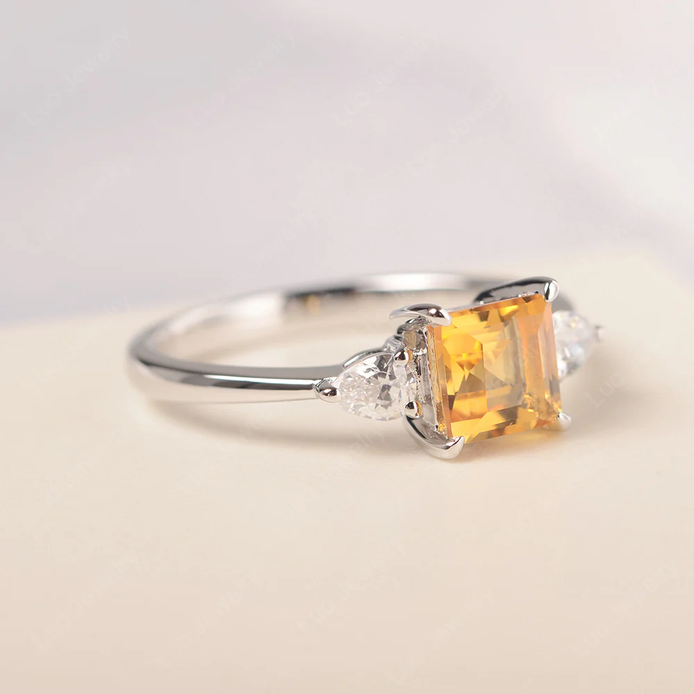Square Cut Citrine Ring with Pear Side Stone - Image 2