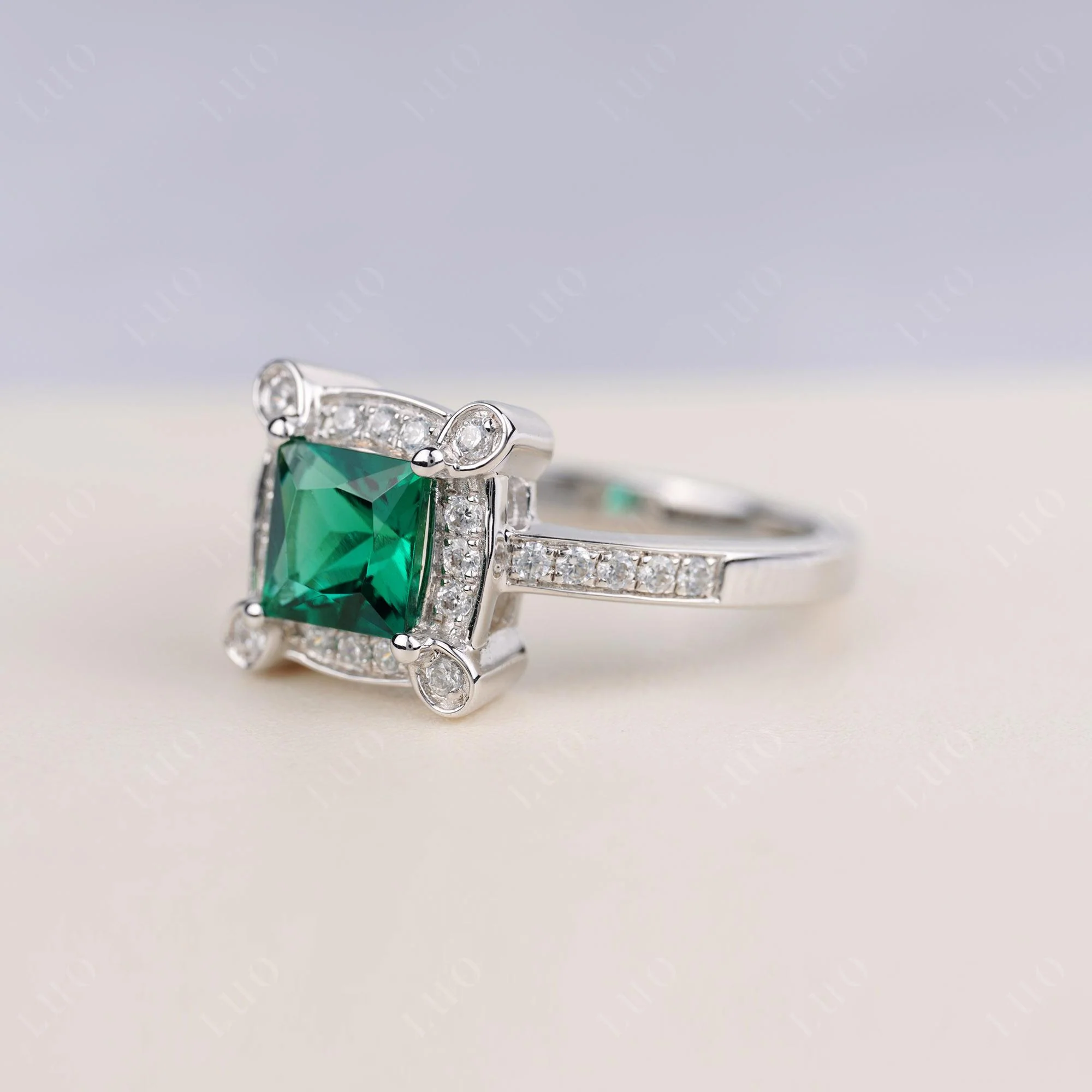 Princess Cut Emerald Halo Statement Ring - Image 2