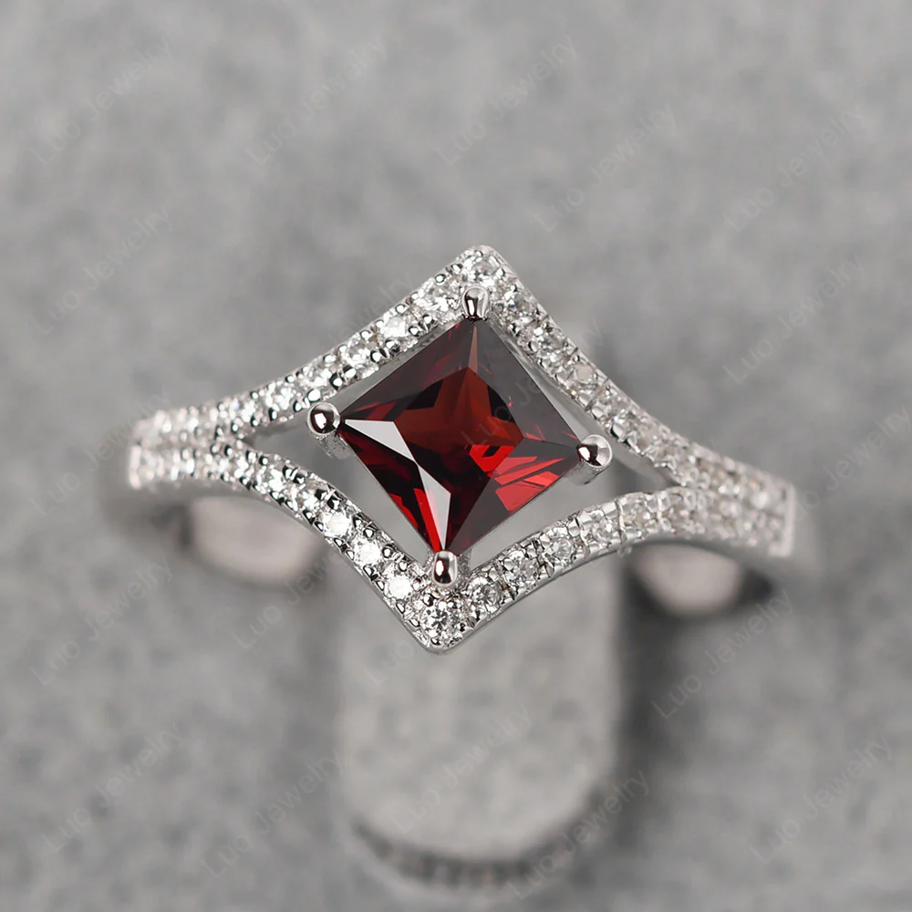 Princess Cut Garnet Kite Set Halo Ring - Image 3