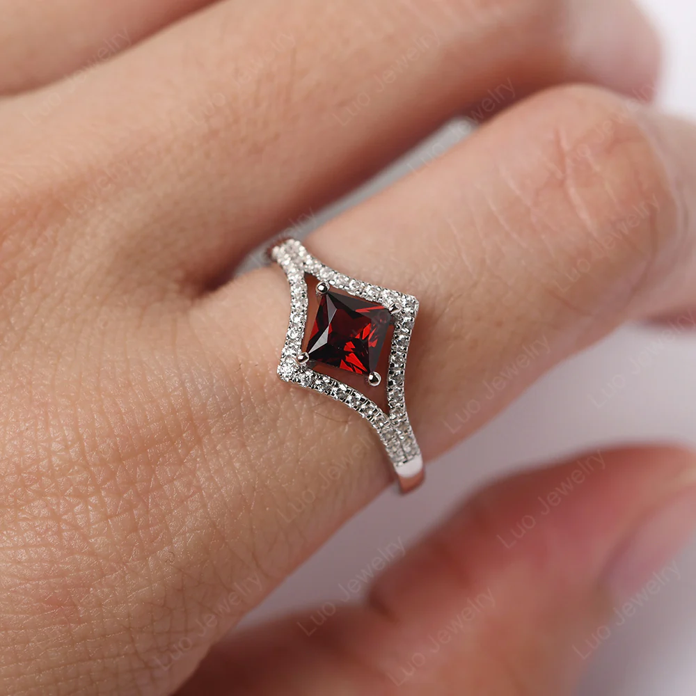 Princess Cut Garnet Kite Set Halo Ring - Image 6